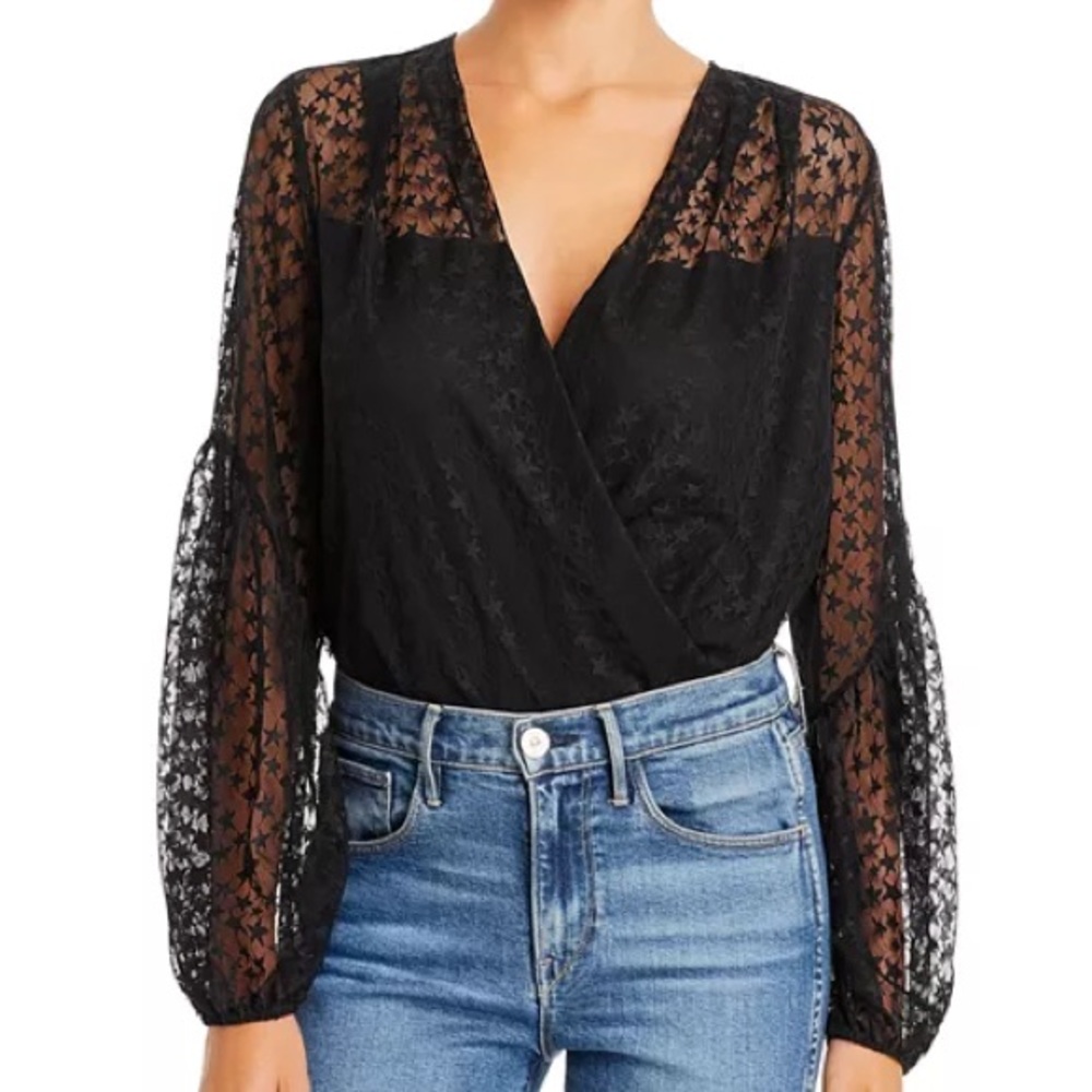 Amanda Uprichard Black Lace Long Sleeve Bodysuit Star Motif Sheer
